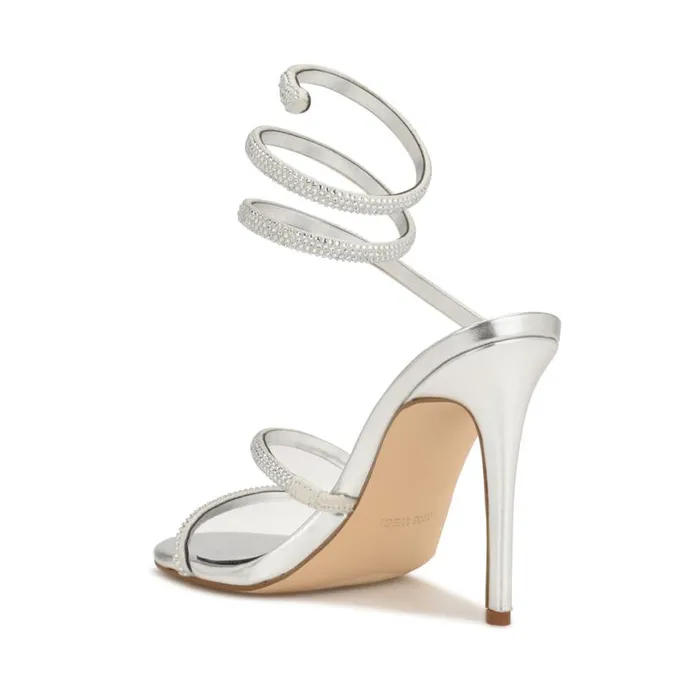 Nine West Heels Women Maskil Ankle Wrap Heeled Sandals Silver Shimmer
