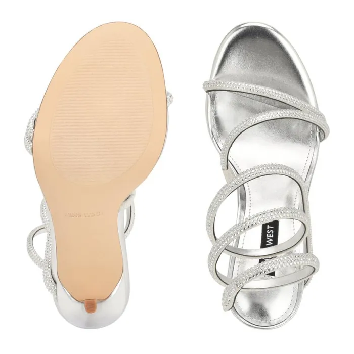 Nine West Heels Women Maskil Ankle Wrap Heeled Sandals Silver Shimmer