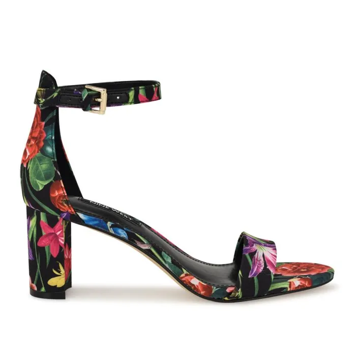 Nine West Heels Women Pruce Ankle Strap Block Heel Sandals Black Floral