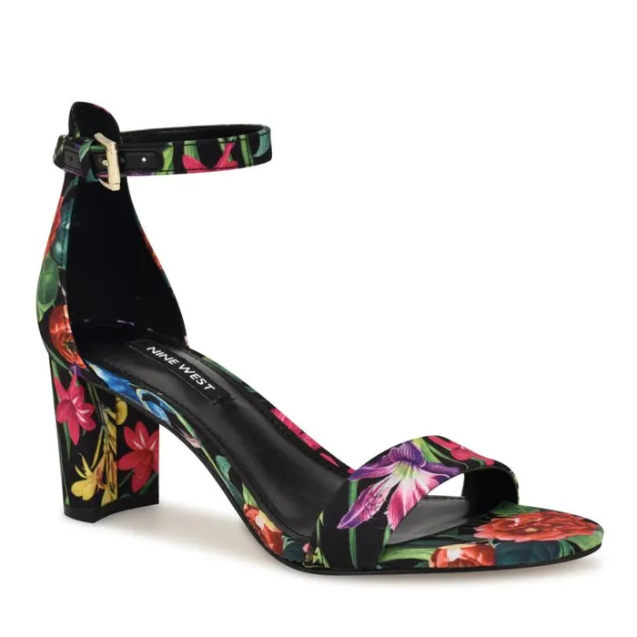 Nine West Heels Women Pruce Ankle Strap Block Heel Sandals Black Floral