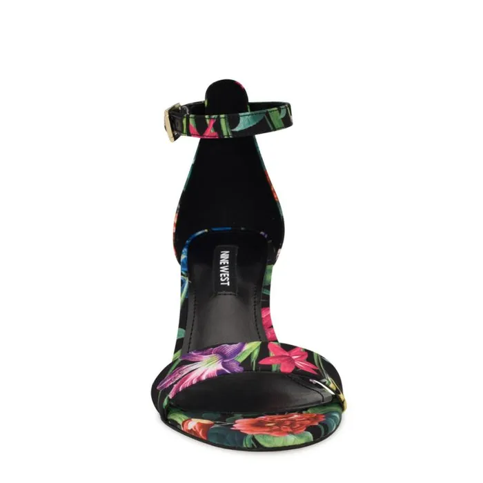 Nine West Heels Women Pruce Ankle Strap Block Heel Sandals Black Floral