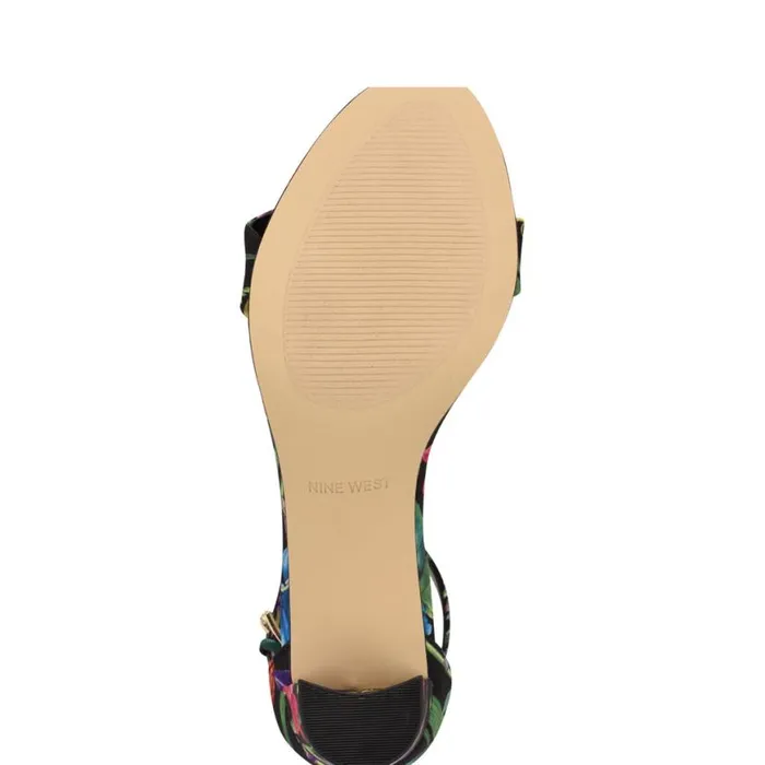 Nine West Heels Women Pruce Ankle Strap Block Heel Sandals Black Floral