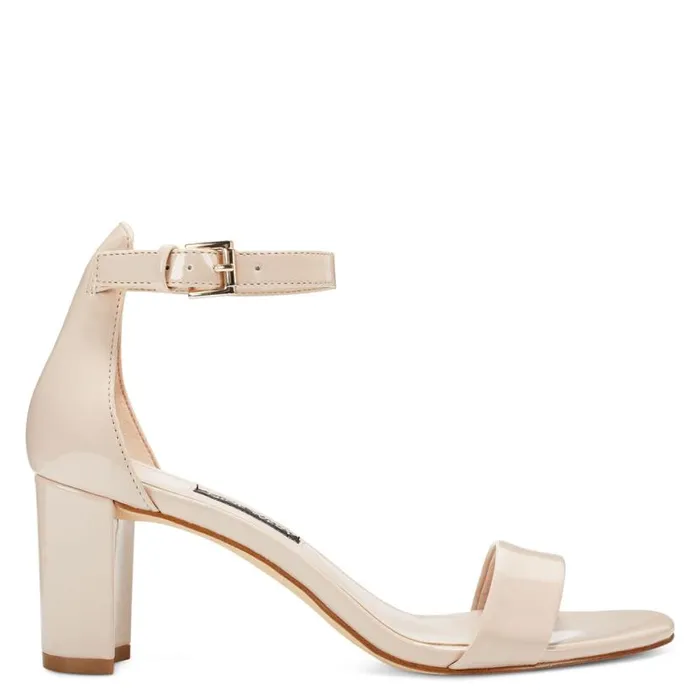 Nine West Heels Women Pruce Ankle Strap Block Heel Sandals Cashmere Patent