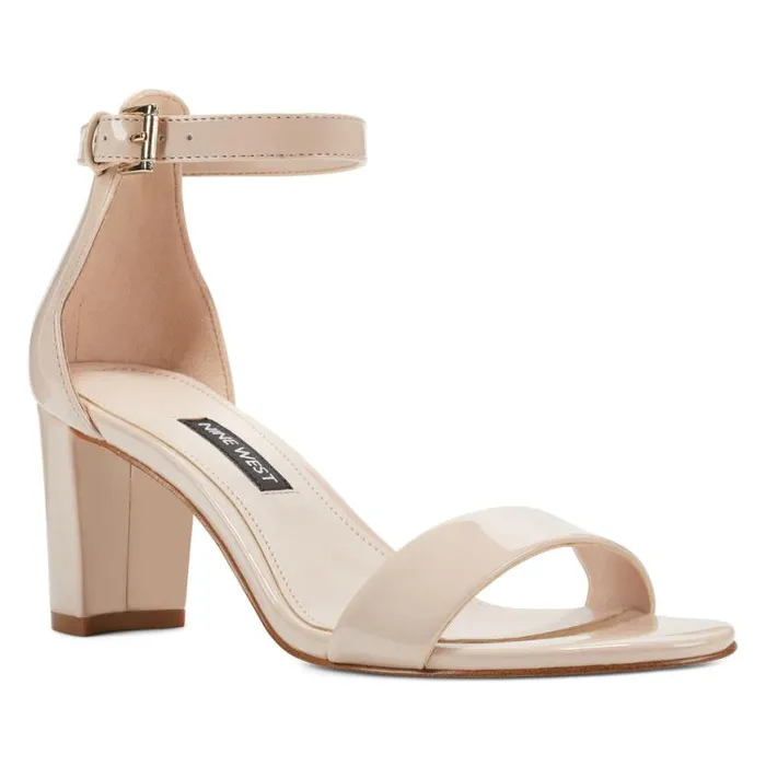 Nine West Heels Women Pruce Ankle Strap Block Heel Sandals Cashmere Patent