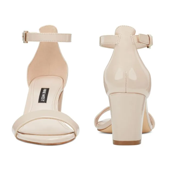 Nine West Heels Women Pruce Ankle Strap Block Heel Sandals Cashmere Patent