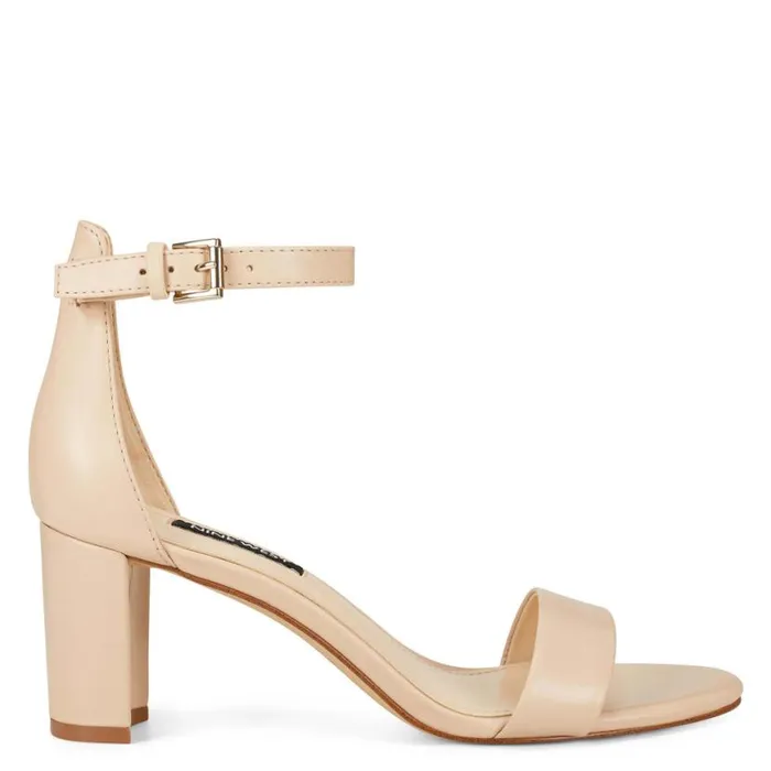 Nine West Heels Women Pruce Ankle Strap Block Heel Sandals Ivory Leather