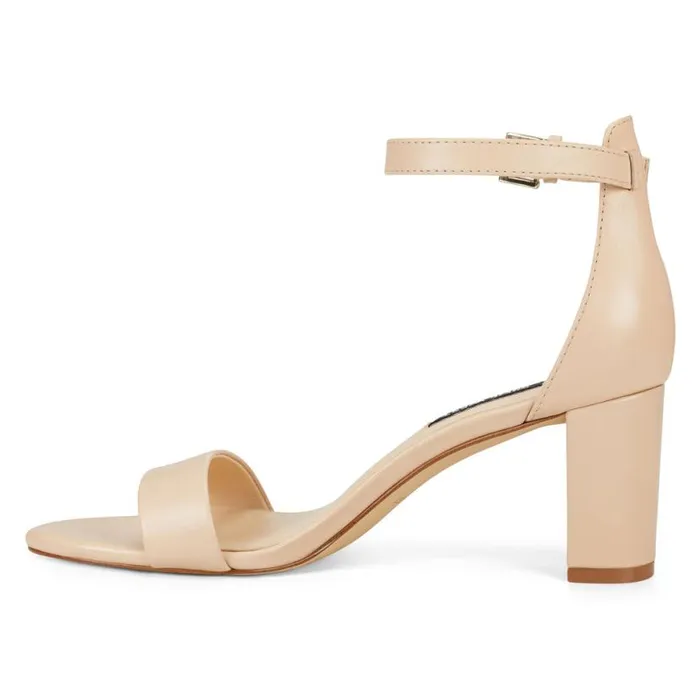 Nine West Heels Women Pruce Ankle Strap Block Heel Sandals Ivory Leather