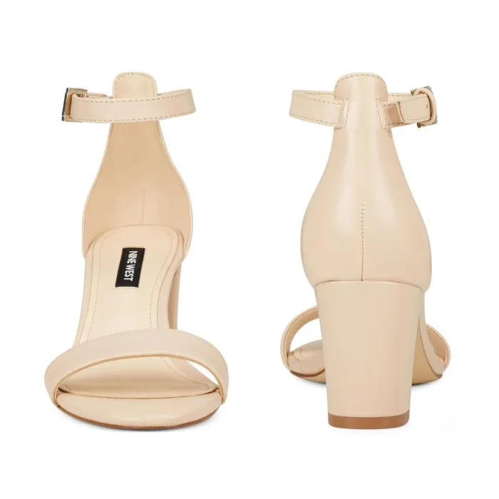 Nine West Heels Women Pruce Ankle Strap Block Heel Sandals Ivory Leather