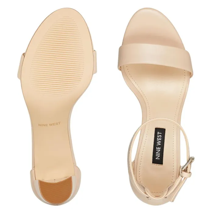Nine West Heels Women Pruce Ankle Strap Block Heel Sandals Ivory Leather