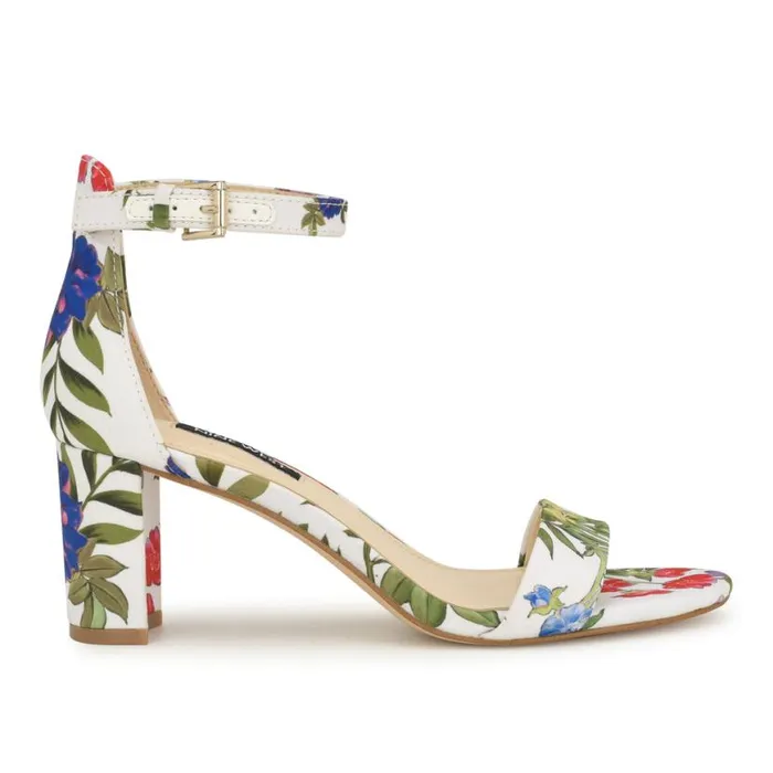 Nine West Heels Women Pruce Ankle Strap Block Heel Sandals White Floral
