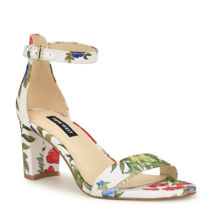 Nine West Heels Women Pruce Ankle Strap Block Heel Sandals White Floral Nine West Heels Women Pruce Ankle Strap Block Heel Sandals White Floral