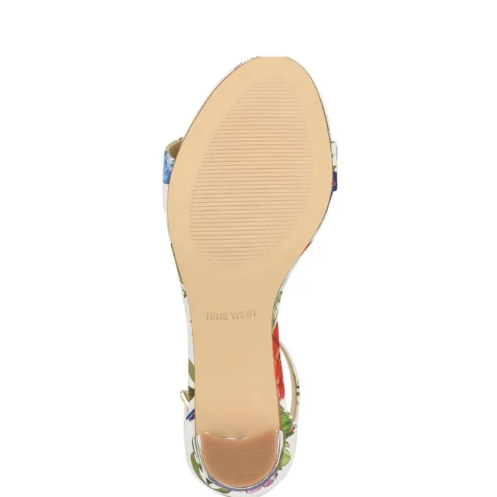 Nine West Heels Women Pruce Ankle Strap Block Heel Sandals White Floral Nine West Heels Women Pruce Ankle Strap Block Heel Sandals White Floral