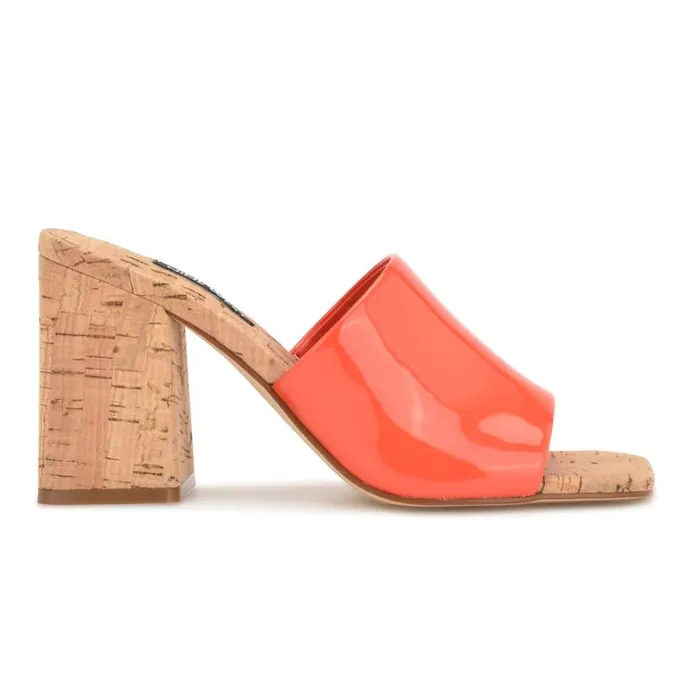 Nine West Heels Women Teice Heeled Slide Sandals Orange Patent