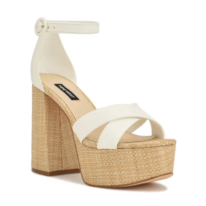 Nine West Heels Women Willie Platform Sandals White Raffia Nine West Heels Women Willie Platform Sandals White Raffia