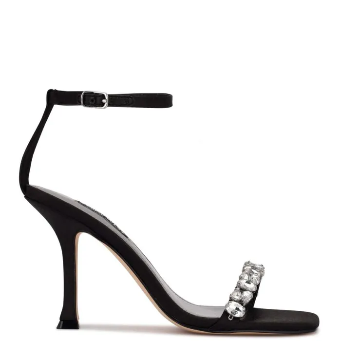 Nine West Heels Women Yazmin Ankle Strap Dress Sandals Black Satin Crystal
