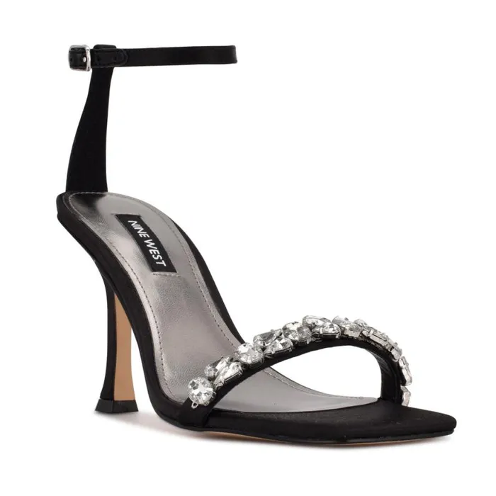Nine West Heels Women Yazmin Ankle Strap Dress Sandals Black Satin Crystal