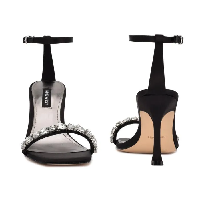 Nine West Heels Women Yazmin Ankle Strap Dress Sandals Black Satin Crystal