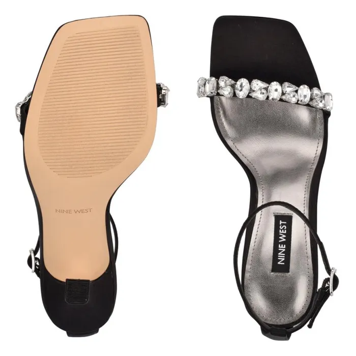 Nine West Heels Women Yazmin Ankle Strap Dress Sandals Black Satin Crystal
