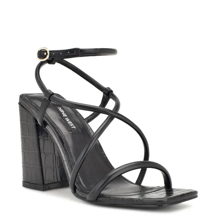 Nine West Heels Women Yeera Strappy Heeled Sandals Black Croco Nine West Heels Women Yeera Strappy Heeled Sandals Black Croco