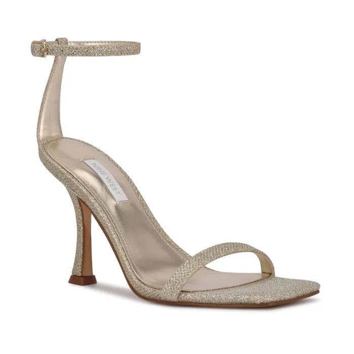 Nine West Heels Women Yess Ankle Strap Sandals Gold Glitter Nine West Heels Women Yess Ankle Strap Sandals Gold Glitter