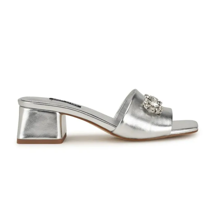 Nine West Sandals Women Bamsy Block Heel Slide Sandals Silver