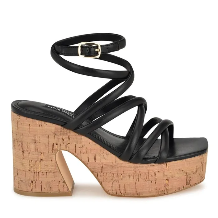Nine West Sandals Women Corke Platform Wedge Strappy Sandals Black