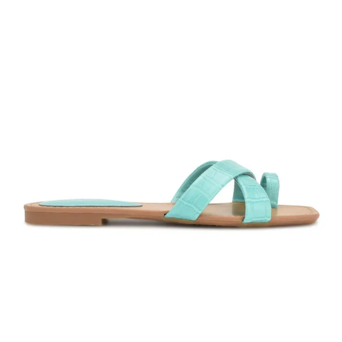 Nine West Sandals Women Dotty Flat Slide Sandals Aqua Blue Embossed Croco