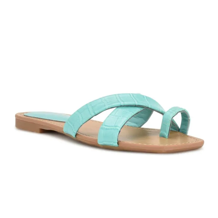 Nine West Sandals Women Dotty Flat Slide Sandals Aqua Blue Embossed Croco Nine West Sandals Women Dotty Flat Slide Sandals Aqua Blue Embossed Croco