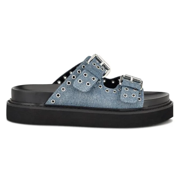 Nine West Sandals Women Eleny Buckle Slide Sandals Denim