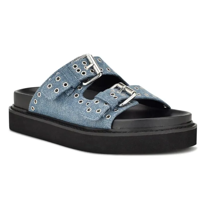 Nine West Sandals Women Eleny Buckle Slide Sandals Denim