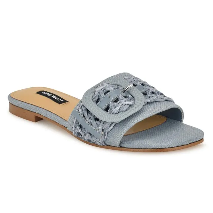 Nine West Sandals Women Hagleigh Flat Slide Sandals Blue Raffia Nine West Sandals Women Hagleigh Flat Slide Sandals Blue Raffia