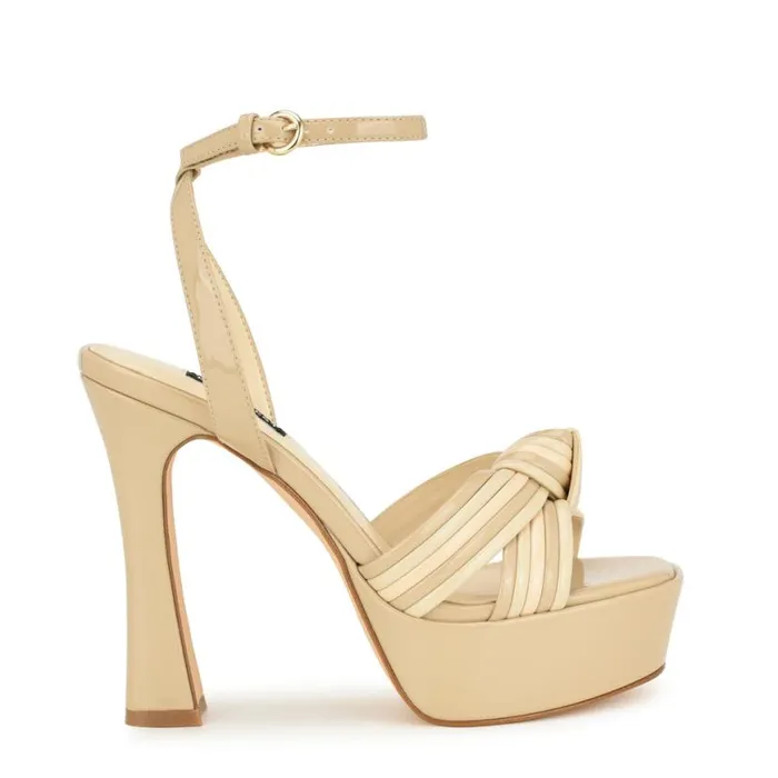 Nine West Sandals Women Irna Platform Ankle Strap Knotted Sandals Light Natural Patent