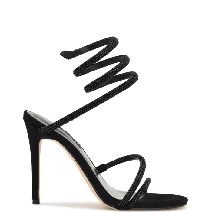 Nine West Sandals Women Maskil Ankle Wrap Heeled Sandals Black Suede