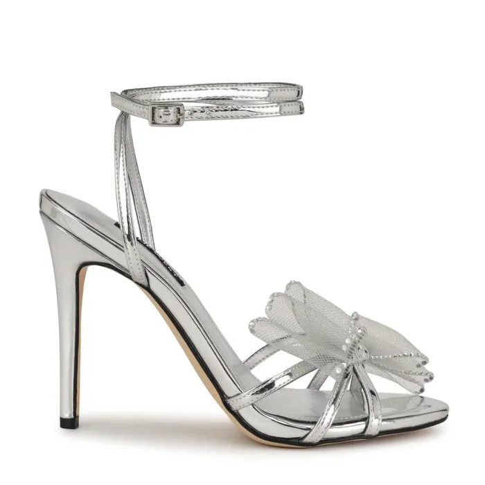 Nine West Sandals Women Minky Bow Heeled Sandals Silver
