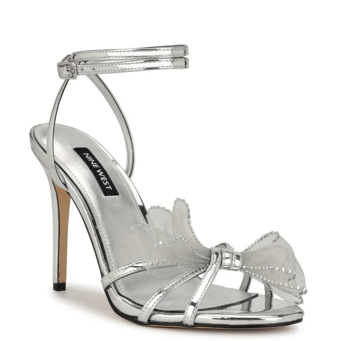 Nine West Sandals Women Minky Bow Heeled Sandals Silver Nine West Sandals Women Minky Bow Heeled Sandals Silver