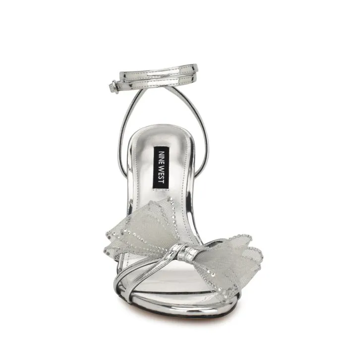 Nine West Sandals Women Minky Bow Heeled Sandals Silver Nine West Sandals Women Minky Bow Heeled Sandals Silver