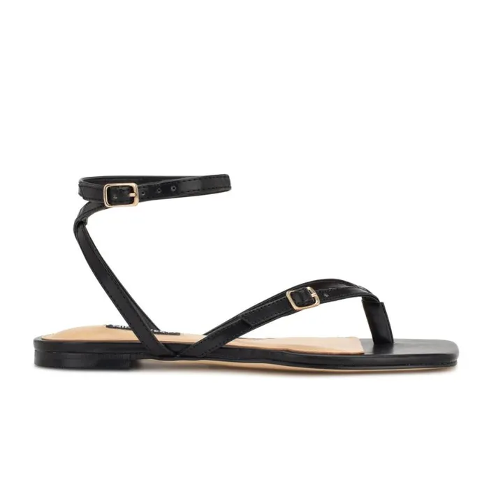 Nine West Sandals Women Nelson Ankle Wrap Flat Sandals Black