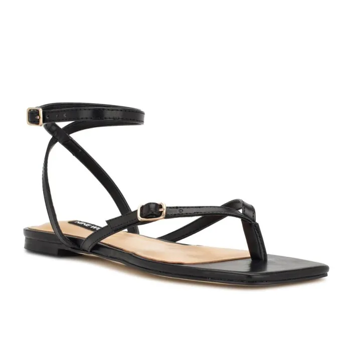 Nine West Sandals Women Nelson Ankle Wrap Flat Sandals Black