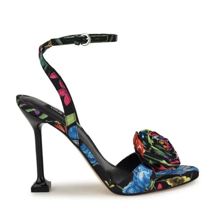 Nine West Sandals Women Neve Rosette Ankle Strap Sandals Black Floral