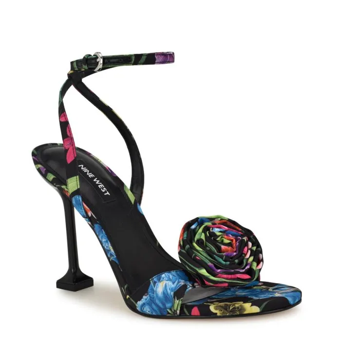 Nine West Sandals Women Neve Rosette Ankle Strap Sandals Black Floral