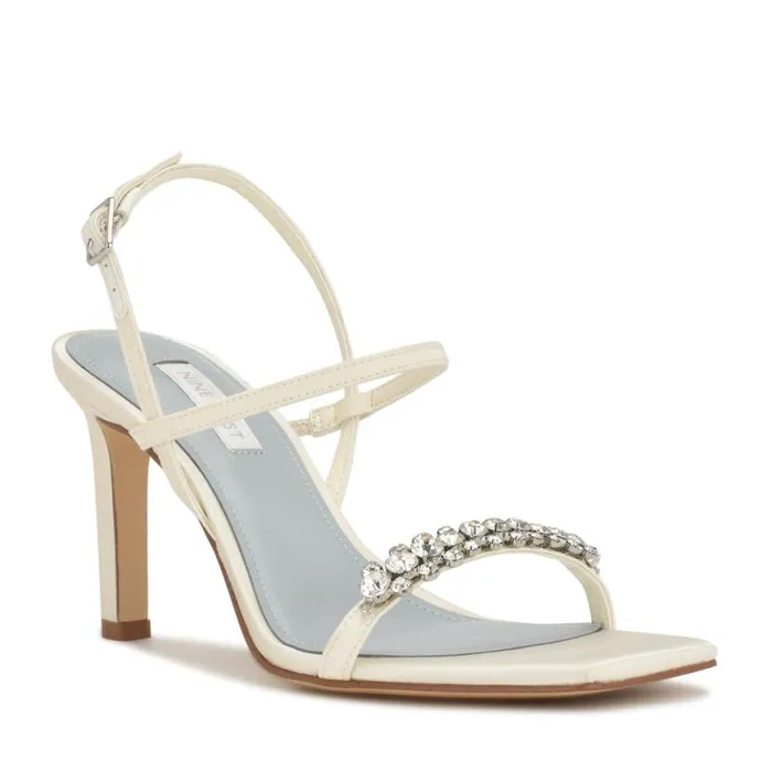 Nine West Sandals Women Oreece Heeled Slingback Sandals Ivory Satin Crystal