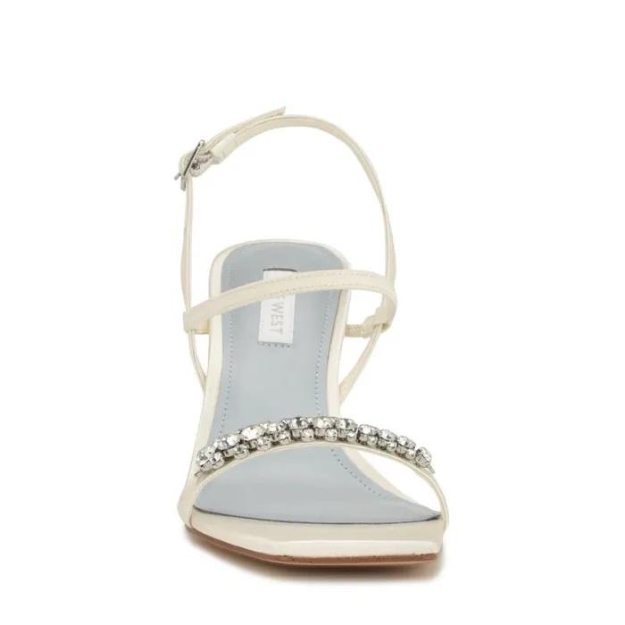 Nine West Sandals Women Oreece Heeled Slingback Sandals Ivory Satin Crystal