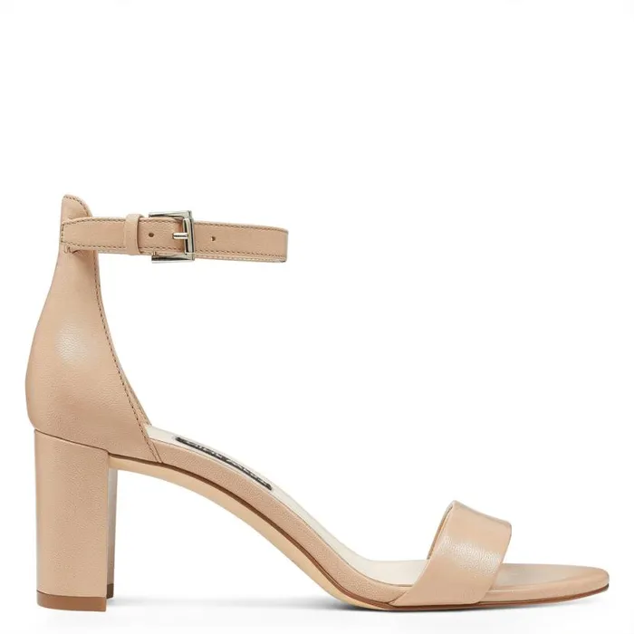Nine West Sandals Women Pruce Ankle Strap Block Heel Sandals Barely Nude Leather