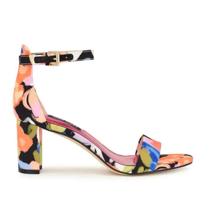 Nine West Sandals Women Pruce Ankle Strap Block Heel Sandals Black Floral