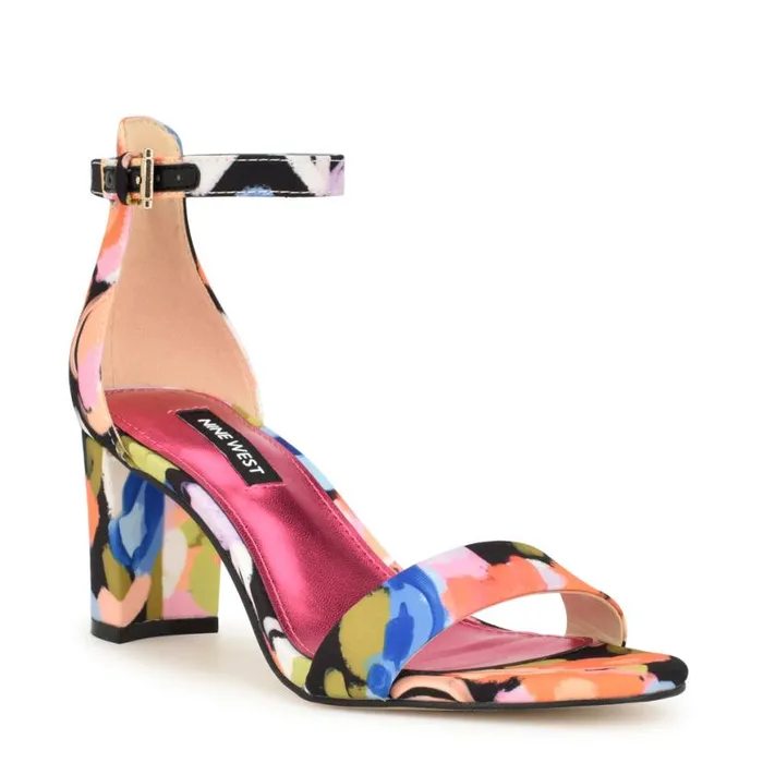 Nine West Sandals Women Pruce Ankle Strap Block Heel Sandals Black Floral