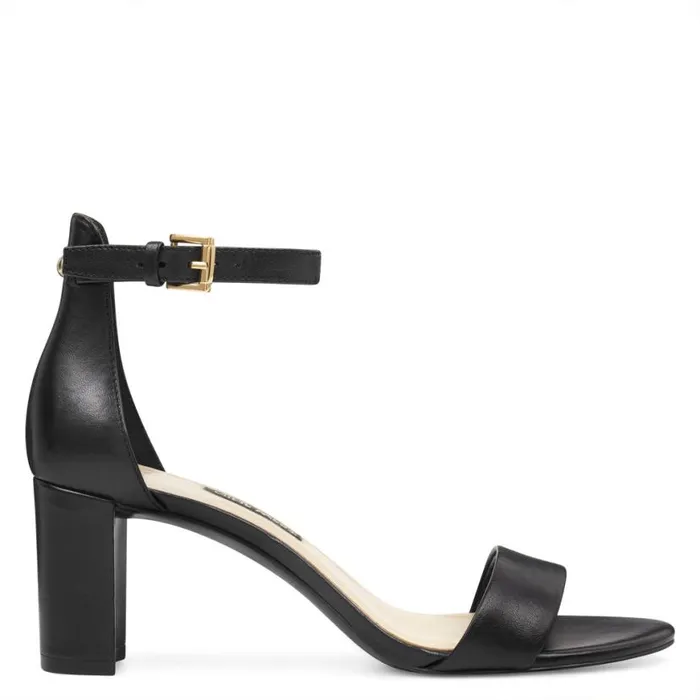 Nine West Sandals Women Pruce Ankle Strap Block Heel Sandals Black Leather