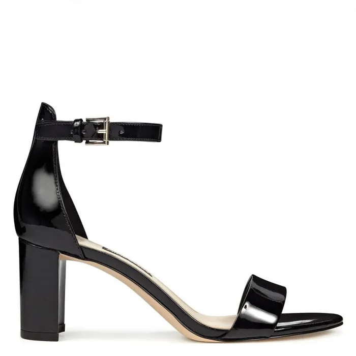Nine West Sandals Women Pruce Ankle Strap Block Heel Sandals Black Patent