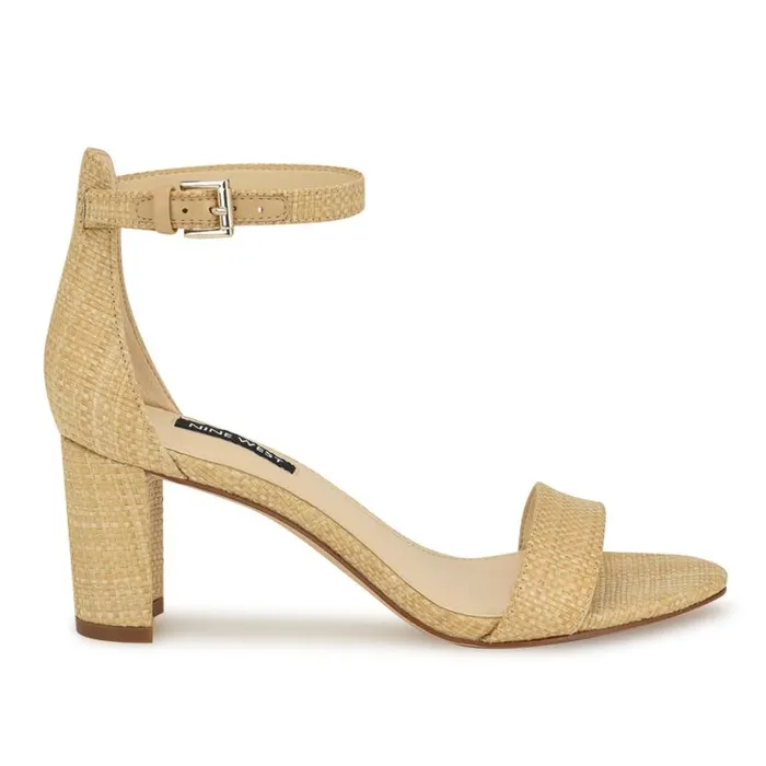 Nine West Sandals Women Pruce Ankle Strap Block Heel Sandals Light Natural Raffia