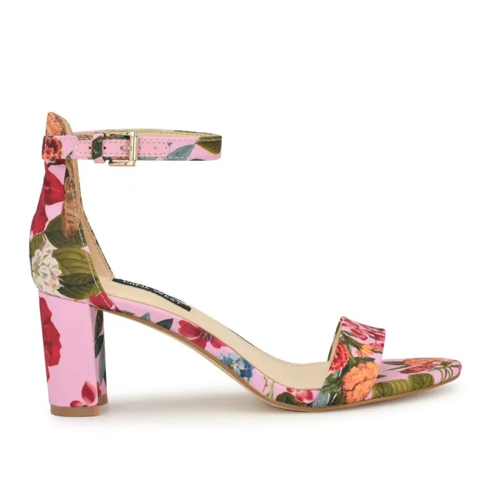 Nine West Sandals Women Pruce Ankle Strap Block Heel Sandals Pink Floral