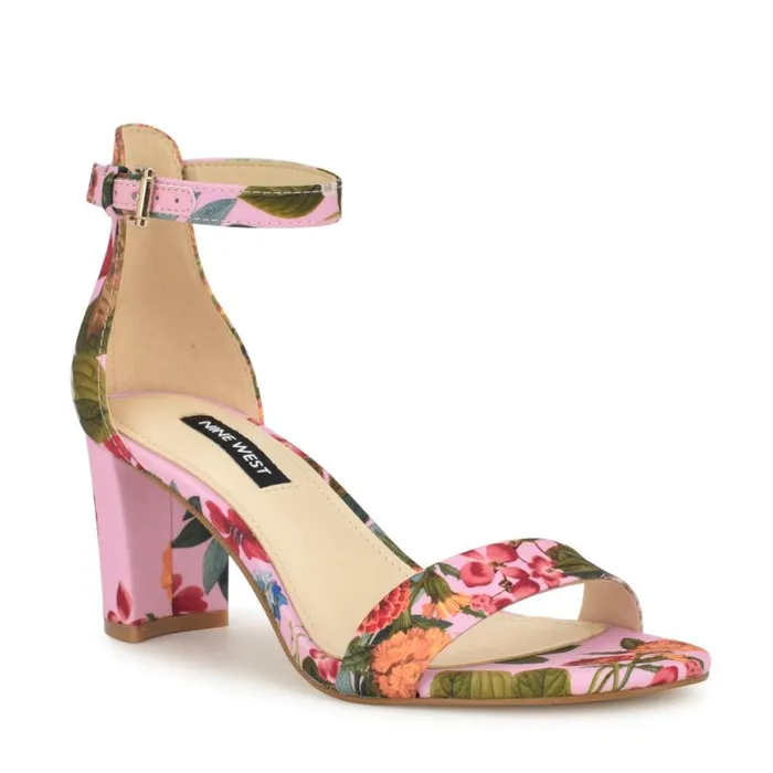 Nine West Sandals Women Pruce Ankle Strap Block Heel Sandals Pink Floral